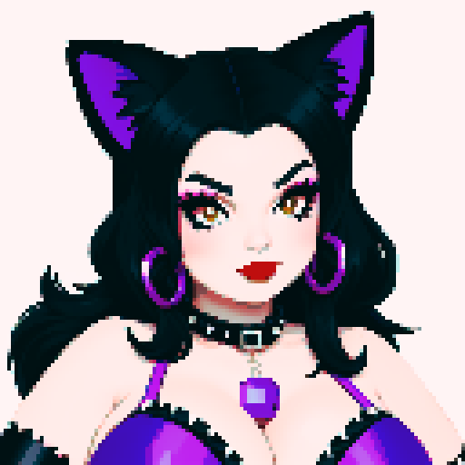 Cat girl, curvy, cute goth woman with black hair, purple eyeshadow, and red lipstick, wearing a bikini, studded collar, portrait, face avatar, in a glamour shot, sRGB color