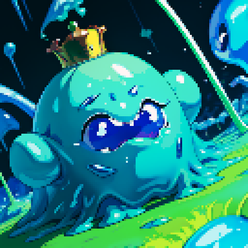 Blue Slime cube, Gelatinous cube, wearing crown, giant Slime, boss fight