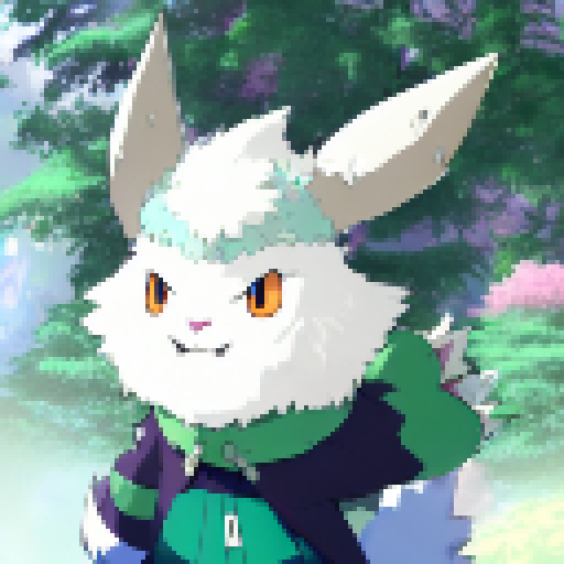 Ralsei, the fluffy, white-furred, horned creature, stands in a lush, green forest surrounded by vibrant, blooming flowers, holding a magical staff with a shimmering, star-shaped tip in classic anime style.