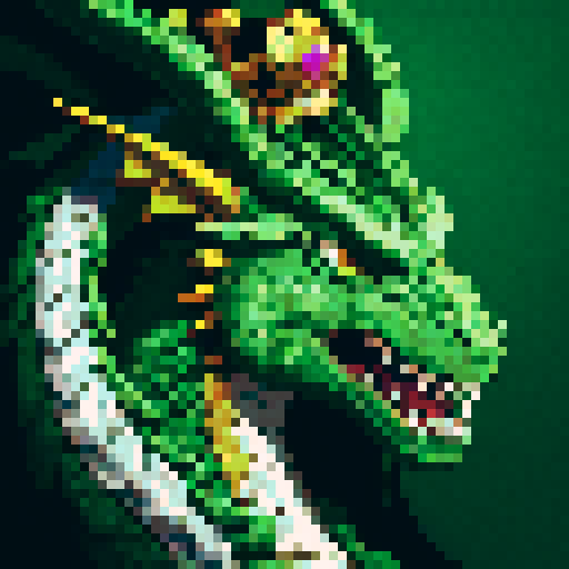 dragon, regal, crown, majestic, green silver accents, intricate embroidery, game icon, 32x32 pixel art, sRGB, skill art, close up, portrait, rage, emerald