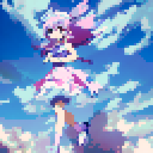 Flying high above the treetops, the Touhou shrine maiden gracefully soars in a top-down view, her flowing hair and billowing skirt capturing the anime-style essence of her magical flight.