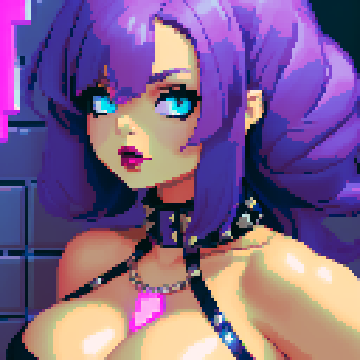 curvy, busty goth babe with studded collar. Nude big titty goth, in a close up nude glamour shot. Neon lighting, modern tile backsplash.