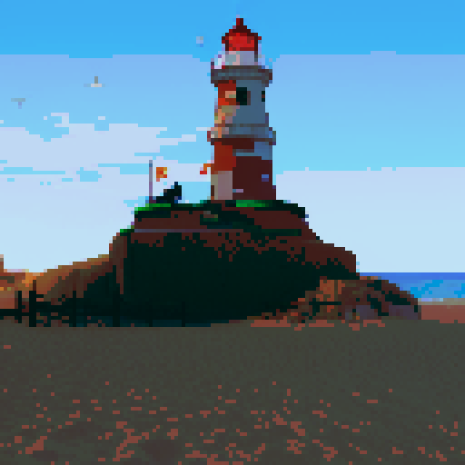 lighthouse with a vibrant red and white striped tower, surrounded by golden sandy beach, crashing waves, seagulls flying in the sky, and a colorful sunset in pixel art style with sRGB color palette