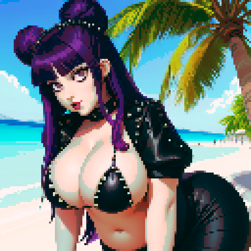 Thicc, curvy, seductive busty goth babe with studded collar, long purple hair in buns, wearing bikini. aroused nude big titty goth sunning at the beach. Palm trees, sRGB