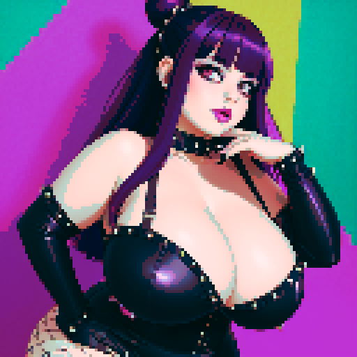 Portrait of thicc, curvy, seductive busty goth babe with studded collar, long purple hair in buns, fishnet stockings, aroused nude big titty goth. pixel art, sRGB