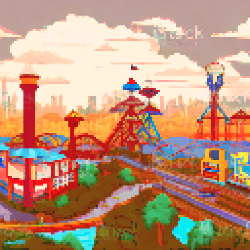 wide shot amusement park, towering roller coaster, vibrant colors, nostalgic pixel art style, detailed background, bustling crowd, joyful atmosphere, whimsical landscape