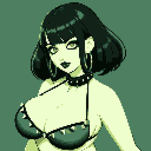 curvy, busty goth girls face, whole head portrait, black hair, purple eyeshadow, red lipstick, purple bikini, studded collar, vibrant srgb colors, edgy aesthetic. 16 bit, anime style