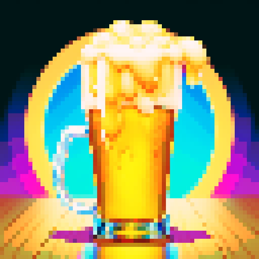 beer foam overflowing, frothy bubbles, golden amber liquid, carbonation bubbles, transparent glass, wooden tap handle, shiny metal tap, retro arcade game aesthetic, vibrant pixel art colors, crisp and vibrant sRGB palette