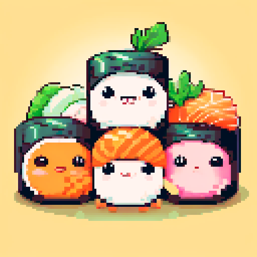 Cute kawaii sushi, colorful, pixelated, vibrant colors, sRGB