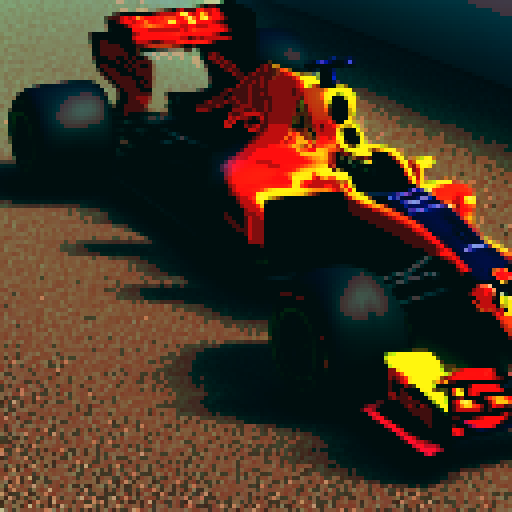 Red bull formula 1 car on race track, full car in view, 512x512 resolution, close up