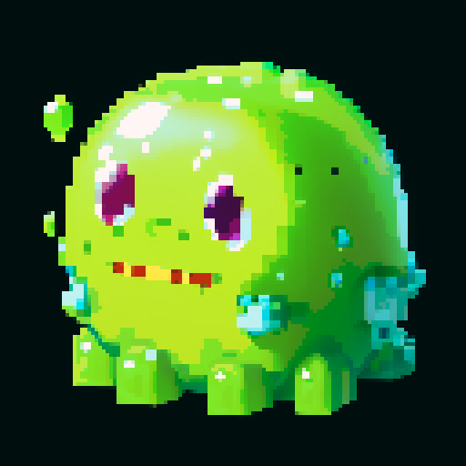 A gigantic, fearsome slime with a corrosive green body. It has a vicious expression, with small bubbles of acid forming and popping inside its gelatinous form. No background.

