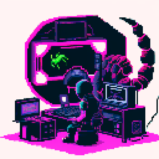 Scorpion playing computer games in a cyberpunk room