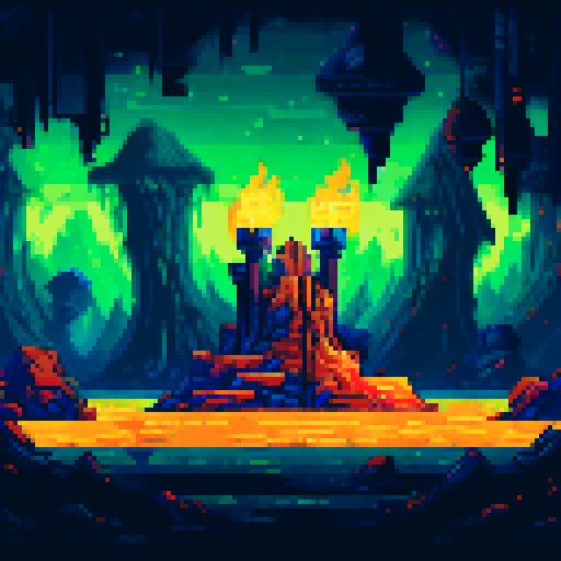 Cave with dark stalagmites on the top and bottom and a central shrine area flanked by torches with a platform in the center. Below the platform in the center of the piece is a pile of treasure and piles of golden coins and loot.
