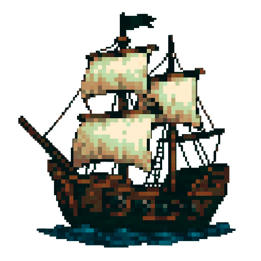 Pirate ship, large cannons, two white square sails, facing North, 3/4 view, transparent background, sRGB, pixel art
