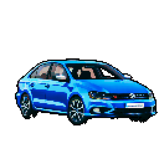 Photorealistic whole Volkswagen Jetta, centered, three-quarter view, right front wheel, clean background, realistic colors, pixel art style