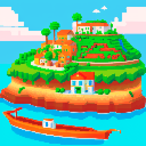 island with orange-roofed Italian homes, boats, small beach, pixel art, sRGB