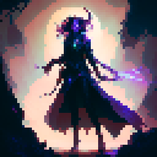 female necromancer, long dark hair, full body, action pose, swirling purple and green magic, mysterious ruins, ethereal glow, intricate staff, flowing robes, intense gaze, dark shadows, ancient spellbook, fantasy RPG