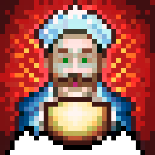Cooking chef with a bushy moustache, wearing a chef hat and apron, holding a frying pan, against a vibrant background, in 32x32 pixel art style, with skillful detailing and vibrant sRGB colors, capturing a close-up portrait for a video game 2D icon