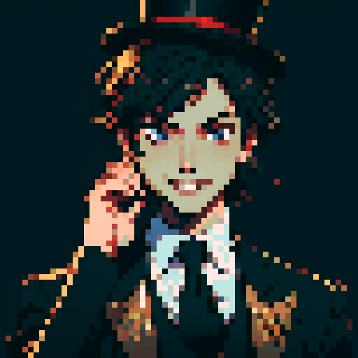 guy, black formal suit, tie, top hat, smile mask, gold details, Magic The Gathering style, sRGB, pixel art