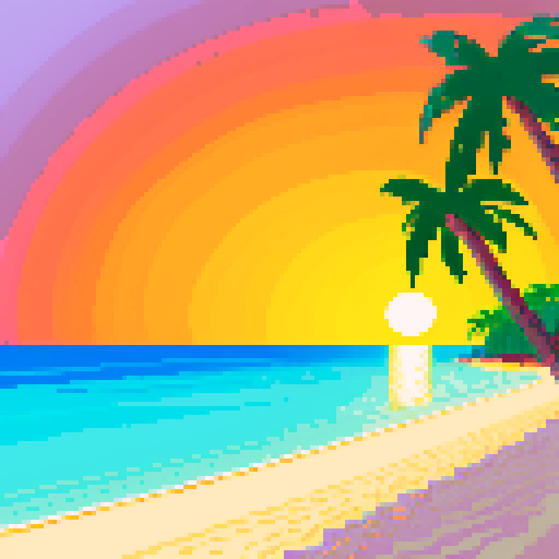 palm trees, white sand beach, orange sunset, ocean water, pixel art, sRGB