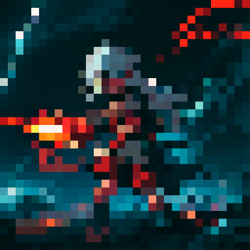 orc spellcaster enemy, with glowing red eyes, holding a staff with pulsating magical runes, casting a thunderstorm spell, surrounded by crackling electricity, against a dark and stormy background, in a stylized pixel art style