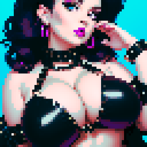 curvy, busty goth babe with studded collar. Full head portrait. big titty goth, in a close up glamour shot. Wearing Halter top. Vivid gif colors