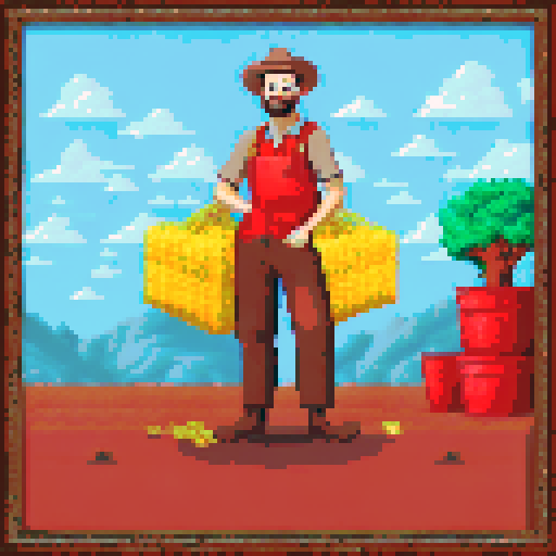 A jovial farmer, adorned in opulent attire, stands amidst bags of golden coins, framed by a pixelated backdrop of rolling hills and azure skies in vibrant sRGB hues
