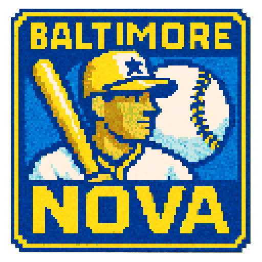 Pixel art of a fictional baseball team called the Baltimore Nova. yellow, blue, and white, sharp outlines, and soft pixel shading. The logo design mimics 80s MLB logos. Use a vibrant Sega Genesis 16-bit style with selective dithering, geometric forms, and nostalgic retro charm. Avoid modern gradients—keep it pure pixel art.