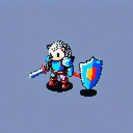Isometric pixel character, hedgehog knight with shield and spiked mace