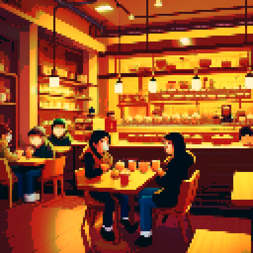 busy city cafe, winter cold, crowded tables, steaming cups, baristas brewing coffee, pixel art, sRGB, depressed