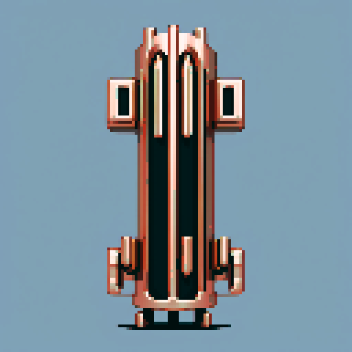 I want a tall vertical copper structure reminiscent of a organ pipe. It should have strange mechanical details that could interlock with each other. I also want this object usable an asset in a videogame, meaning only one object per image, outlined with a strong black stroke, on a solid-color background.