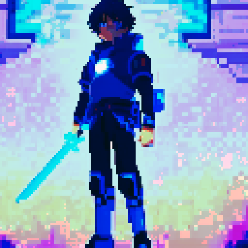 young hero with blue glowing cyber sword shonen with dark hair, astralite, anime game pixel art, A vibrant and colorful RPG-style scene with Super Nintendo graphics, featuring a 16-bit color palette and a resolution of 256x224 pixels, very detailed face, clear anime shonen style