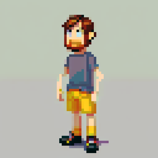 Asmongold, 2D sprite, grey shirt, shorts, pixel art, sRGB