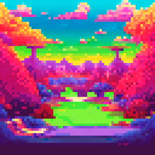 Hallucinogenic golf course, vibrant colors, surreal fairways, swirling patterns, neon trees, psychedelic bunkers, pixelated clouds, whimsical water hazards, glitched-out scoreboards, retro arcade aesthetics, 8-bit background, dreamlike landscape