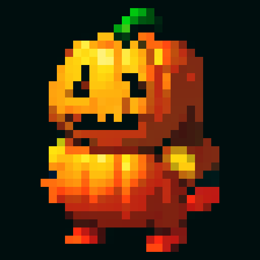  A headless horsemen character. This will be the player character. They have a pumpkin for their head. In some versions it will be without the head and will hold the pumpkin in its hands. But this version the player should have the pumpkin head. Headless horsemen also ride horses but I don't want that for this version.

The head should be clearly visible. The body should be short, with the body being about the same size as the head, maybe smaller, like in Mario games.