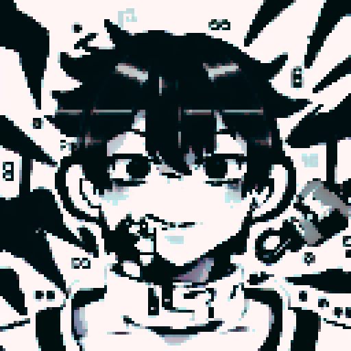 solo male protagonist, cybernetic hardware imbedded in his face, bass clef tattoo under left eye, headphones, busy street, character portrait, close up, anime style, pixel art