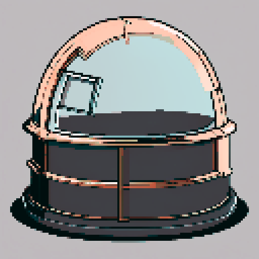 I want a rounded transparent glass half-dome with copper trim and copper rivets around the bottom edge. I want this object usable an asset in a videogame, meaning only one object per image, outlined with a strong black stroke.