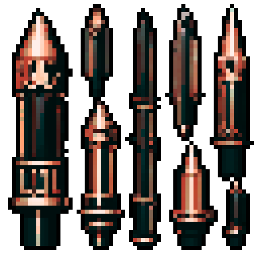 I want vertical copper structures reminiscent of a organ's pipes. I want strange, interlocking mechanical copper shapes that look twisted by magic. I also want them usable as assets in a videogame, meaning only one object per image, outlined with a strong black stroke, on a solid-color background.