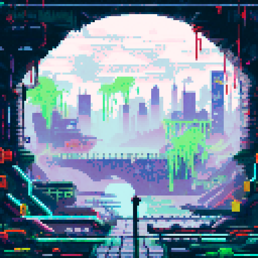 toxic, neon-lit sewers with dripping pipes, graffiti-covered walls, and a murky green liquid flowing through the grates, creating a pixel art background with a dystopian, cyberpunk landscape