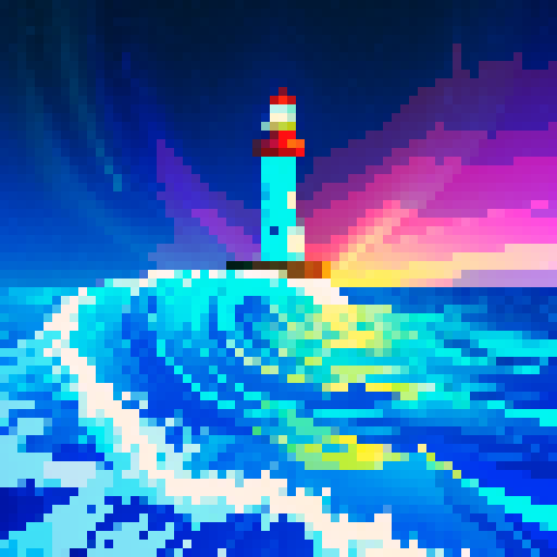 lighthouse, sea, aurora, vibrant colors, pixelated waves, glowing sky, geometric shapes, digital art, sRGB