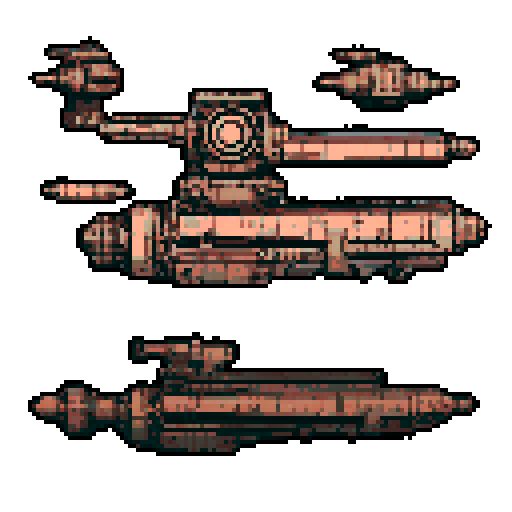 I want a copper structure reminiscent of the base of a gun turret, seen from a head on two dimensional perspective. The design should be relatively simple. I also want this object usable as an asset in a videogame, meaning only one object per image, outlined with a strong black stroke, on a solid-color background.