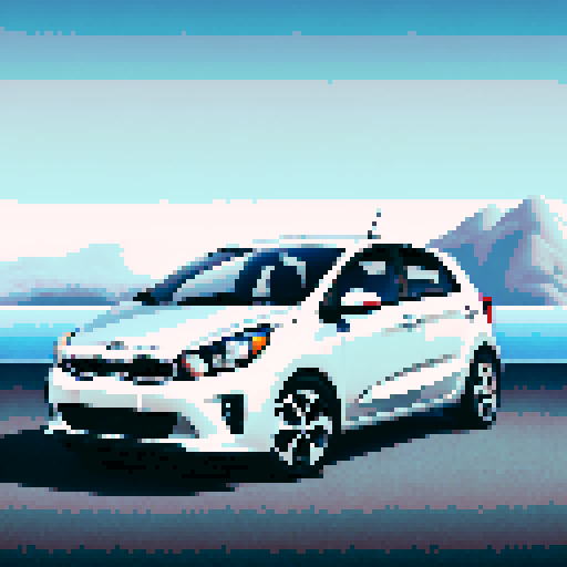 Photorealistic, centered Kia Rio in a three quarter view, right wheel in front, clean background, pixel art style with sRGB colors