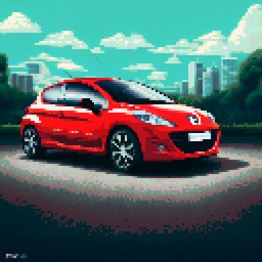 Photorealistic whole Peugeot 207, three-quarter view, right front wheel, clean background, sRGB colors, pixel art style
