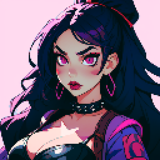Plus size busty goth girl, with long purple hair, eyeliner, red lipstick. wearing a halter top and spiked collar. Posing for a up close face portrait. vibrant sRGB colors, pixel art, edgy aesthetic