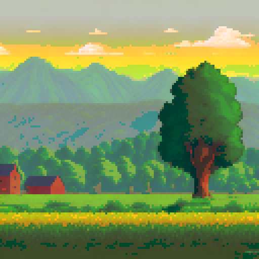 pastoral landscape, fields (yellow), sunset, no mountains in background