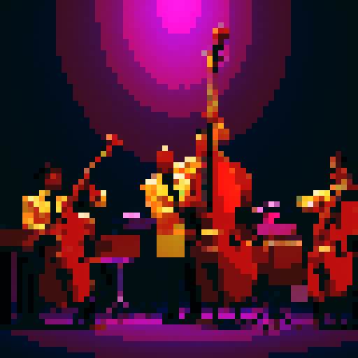 jazz musicians playing instruments, drums, double bass, saxophone, guitar, microphone, dimly lit bar, backlit, black, dark purple, brown, gold, pixel art style, sRGB