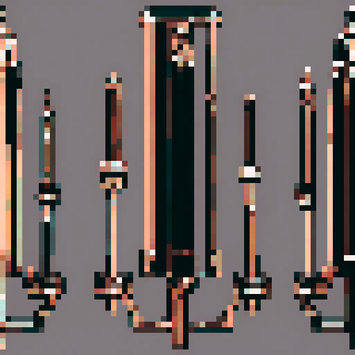 I want a vertical copper structure reminiscent of a organ pipe. It should have strange mechanical details that could interlock with each other. I also want this object usable an asset in a videogame, meaning only one object per image, outlined with a strong black stroke, on a solid-color background.
