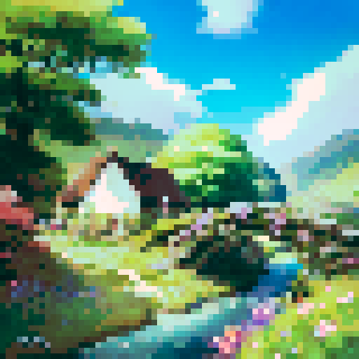 rolling hills, vibrant green meadows, winding cobblestone paths, quaint thatched cottages, blooming wildflowers, white fluffy clouds, a babbling brook, a wooden footbridge, grazing sheep, a majestic oak tree, a golden sunset