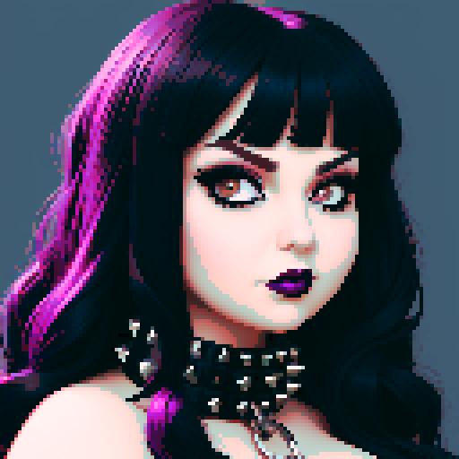 curvy, busty cute goth babe with studded collar, big titty goth wearing halter top, close up turned head glamour shot, face forward portrait, pixel art, sRGB