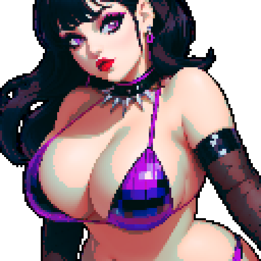 curvy, cute, goth girl,  black hair, purple eyeshadow, red lipstick. Wearing bikini. glamour shot.